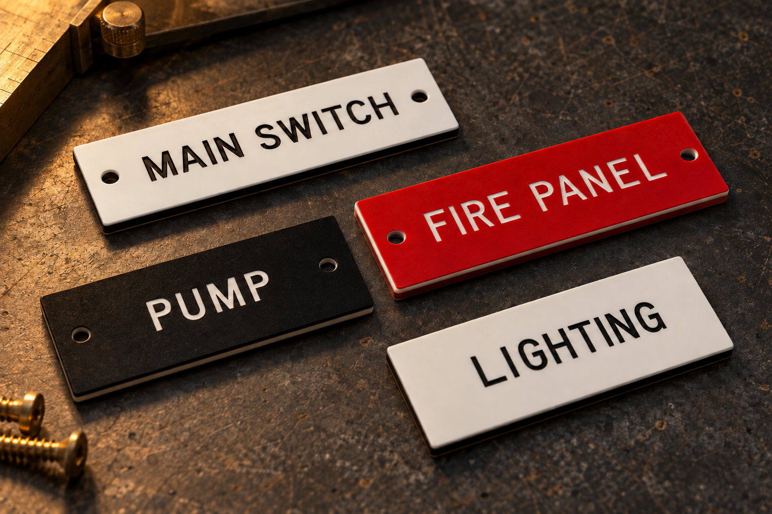 Illustrative engraved Traffolyte labels for electrical and fire panels
